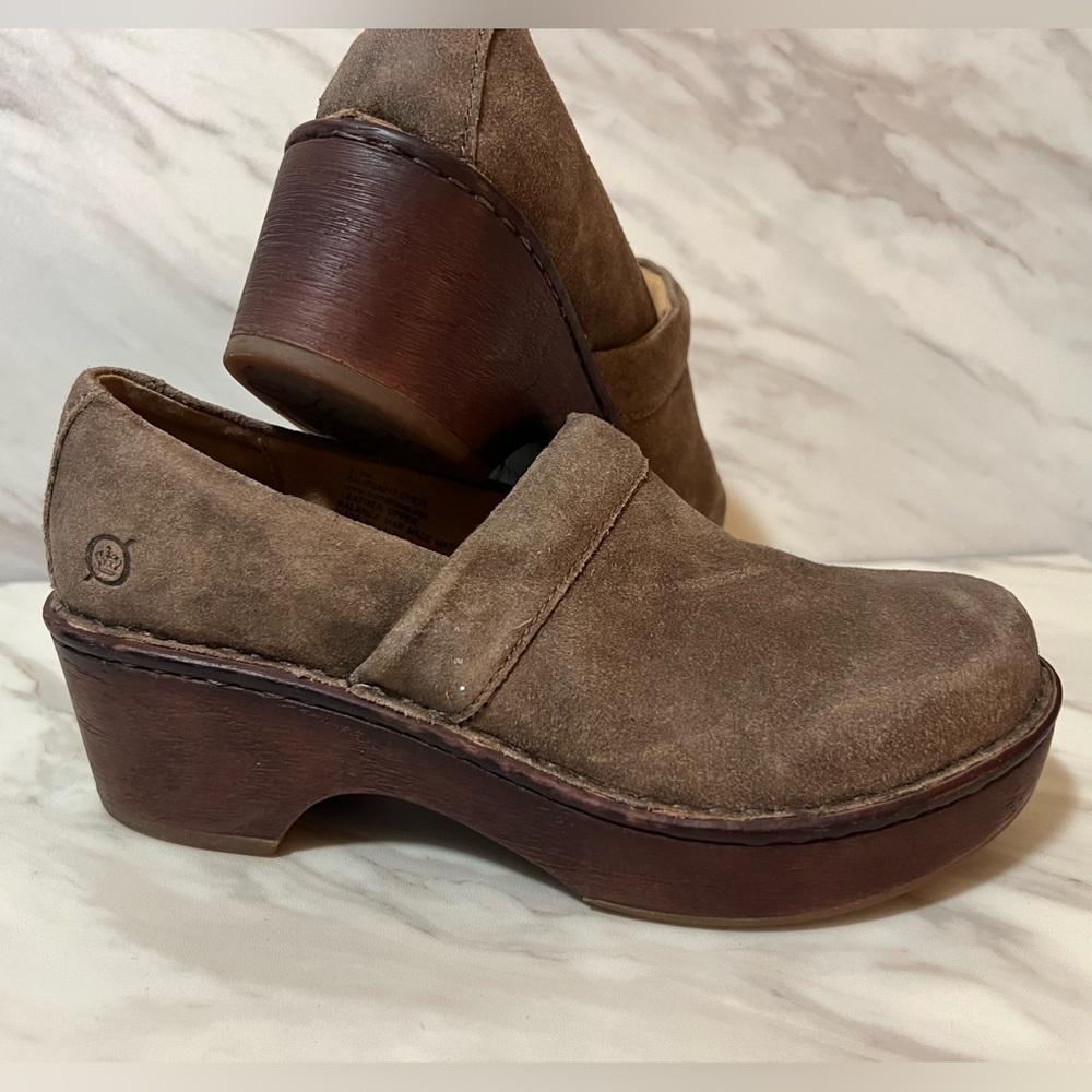 Taupe suede Born Freya clog shoes in a size 6.5. 
Excellent used condition